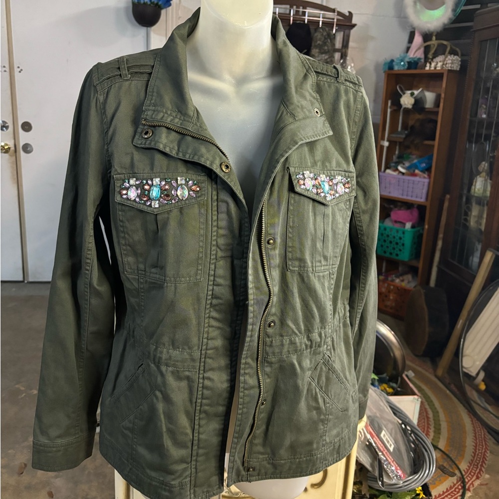 Candie's Embellished Utility Jacket in Olive